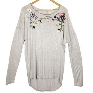 Alya Womens Light Gray Long Sleeve Embroidered Floral Crew Neck Top Shirt